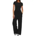 Black solid short sleeve t-shirt and high waist wide leg pants casual lounge set outfit - S / Top And Bottom / Black