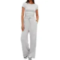 Grey solid casual two-piece lounge set with short sleeve top and high waist pants. - S / Top And Bottom / Light Gray
