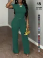 Einfarbiges, lässiges Zweiteiler-Outfit mit Kurzarmtop und hochgeschnittener Weitbein-Hose. - XS / Oben Und Unten / Dunkelgrün