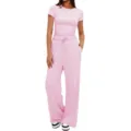 Pink matching lounge set women short sleeve top wide leg pants casual wear comfortable suit - S / Top And Bottom / Pink