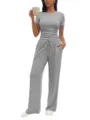 Ensemble lounge haut à manches courtes et pantalon large gris pour femmes tenue casual chic - XS / Haut et Bas / Gris Chiné Clair