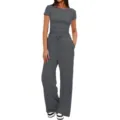 Ensemble loungewear uni femme haut manches courtes et pantalon large taille haute - S / Haut et Bas / Gris foncé