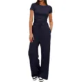 Solid color casual two piece set featuring short sleeve top and high waist wide leg pants - S / Top And Bottom / Dark Coffee