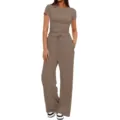 Ensemble lounge haut à manches courtes uni décontracté et pantalon large taille haute. - S / Haut et Bas / Café Clair