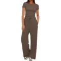 Ensemble de salon femme haut manches courtes unicolore et pantalon large taille haute - 2XL / Haut et Bas / Marron Café