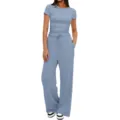 Ensemble assorti haut à manches courtes côtelé bleu et pantalon large femme variante. - 2XL / Haut et Bas / Bleu clair