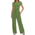 Ensemble Decontracte Vert Uni Deux Pieces Haut Manches Courtes Pantalon Large Variante - S / Haut et Bas / Vert matcha