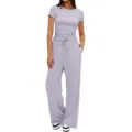 Ensemble décontracté uni, haut côtelé à manches courtes et pantalon large taille haute. - XS / Haut et Bas / Mauve Clair