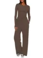 Solid color long sleeve top and high waist wide leg pants lounge set for women casual wear - L / Top And Bottom / Dark Gray