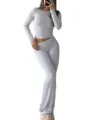 Women grey long sleeve crop top flare pants set casual two piece tracksuit sport activewear - XS / Top And Bottom / Gray