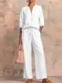 Summer casual white two-piece set, zip-up top and wide-leg trousers detail view. - S / Top And Bottom / White