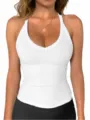 Women's white ribbed halter tank top, casual slim fit U-neck basic sleeveless top for summer. - XS / Tops / Off White