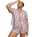 Ensemble pyjama court rayé pour femme pyjama d'été chemise boutonnée mignonne et short - Coloré