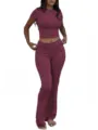 Women two piece workout set crop top and flare pants casual sport outfit detail display - XS / Top And Bottom / Dark Coffee