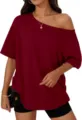 Close-up detail of the wine red off-shoulder short sleeve t-shirt, loose fit and stylish design. - S / Tops / Burgundy