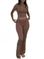 Detailed view of the brown casual crop top and low waist flare pants activewear set. - XS / Top And Bottom / Coffee Brown
