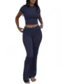 Women's two-piece workout set featuring a crop top and low-waist flare pants for casual wear. - XS / Top And Bottom / Dark Blue