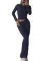 Women navy blue crop top and low waist flare pants set casual workout outfit for daily wear - XS / Top And Bottom / Black