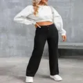 Women high waisted button detail casual straight leg trousers pocket pants detail view - S / Bottoms / Black