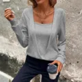 solid color long sleeve square neck fake two piece loose t-shirt for women autumn casual top - S / Silver