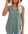 Green v-neck sleeveless eyelet jacquard tank top for women, casual summer daily wear detail. - Grey Green