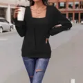 Solid color long sleeve square neck fake two piece loose t-shirt for women autumn fashion - S / Black