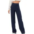 Women's high waist straight leg trousers casual pants with front buttons and multiple pockets - Dark Blue