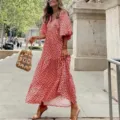 Robe longue rouge géométrique à manches bouffantes col V style urbain pour femmes - XS / Rouge