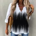 Elegante Damen Langarm Bluse V-Ausschnitt Farbverlauf Druck Freizeit Oberteil Sommer - S / Oberteile / Schwarzer Farbverlauf