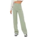 Women High Waist Straight Leg Pants Light Green Multi Button Casual Trousers with Pockets - Bean Green