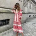 Automne nouveau robe longue patchwork géométrique manches bouffantes, style rue chic variante - XS / Bordeaux