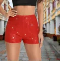 Damen rote Pailletten Hotpants glitzernde mittlere Taille schmale sexy Shorts Kleidung - S / Rot