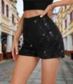 Damen Pailletten Shorts hohe Taille glitzernd schmal geschnittene sexy Sommerhosen Party - S / Schwarz
