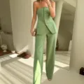 Grünes trägerloses Westen- und weite Hosen Set für Damen elegante Sommerkleidung Detail - S / Grün