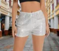 Glitzernde silberne Pailletten Shorts für Damen, mittelhohe taillierte Partyhosen. - S / Silber
