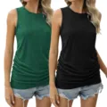 Damen Sommer Aermellos Rundhals Strick Tanktop Laessiger Slim Seitlich Gerafft Detail - Grün + Schwarz / S