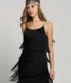 Women vintage 1920s flapper fringe slip dress sleeveless backless party clubwear costume. - S / Black