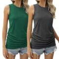 Nahaufnahme Detailansicht des ärmellosen Damen Tanktops mit Rundhalsausschnitt in grün grau. - Grün und Grau / S