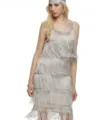 Details of the silver 1920s flapper fringed dress featuring sleeveless design and shimmering sequins. - S / Gray