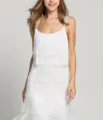 Close-up view of the white multi-layered fringe texture and elegant strap design. - S / White