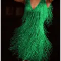 V-neck green fringed dress detail, shimmering sequin party dress and latin dance costume. - Green