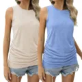 Detailansicht des leichten Damen Strick-Tanktops mit Rundhalsausschnitt und Seitenfalten. - Aprikose & Hellblau / S