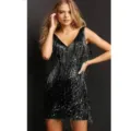 Damen schwarzes Pailletten Fransen Kleid sexy V-Ausschnitt ärmellos Partykleid Clubwear - S / Schwarz