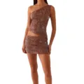 Damen Strass Perlen Pailletten Ein Schulter Crop Top und Minirock zweiteiliges Set - S / Set / Kaffeebraun