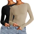 Damen lässiges Slim Fit Langarm einfarbig T-Shirt Basic Oberteil 2er Set für Damen - XS / Schwarz-Aprikose