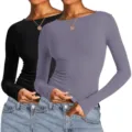 Damen schmale langarm einfarbige lässige rundhals T-Shirt Basic Oberteil 2er Set. - XS / Schwarz Lila