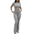 Women grey two piece set crew neck crop top flare pants casual workout sportswear outfit - XS / Top And Bottom / Light Gray