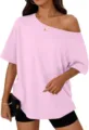 Loose one-shoulder short sleeve t-shirt for women, casual light pink Y2K summer top. - S / Tops / Light Pink