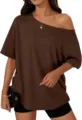 Brown off-the-shoulder Y2K t-shirt for women, casual loose short sleeve top in solid color. - S / Tops / Dark Coffee