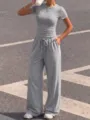 Grey short sleeve top and wide-leg trousers casual set for women, comfortable daily wear. - XS / Top And Bottom / Light Heather Grey